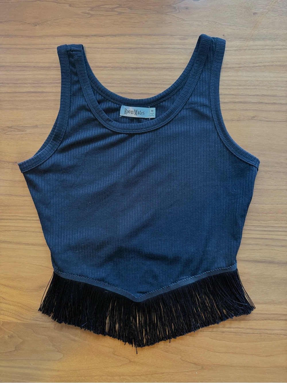 Roommates Black Ribbed Tank with Fringe Hem